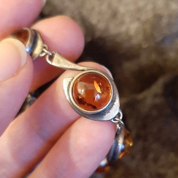 Vintage Amber Sterling Silver Bracelet 7.5" Art Nouveau Honey Unique Artsy Earth - Picture 5 of 8